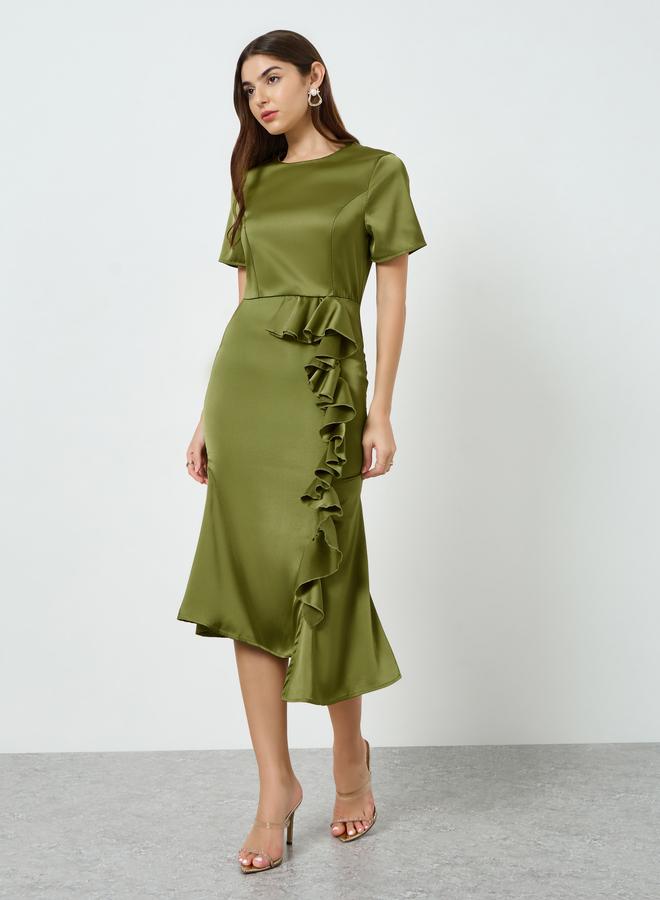Styli Women Green Ruffle Detail Sheath Midi Dress - Image 2